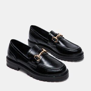 Steve Madden 'Mistor' Loafers - Black Leather with Gold Hardware - Size: 9